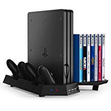 Product Cover Microware Vertical Stand for PS4 Pro with Game Storage and Cooling Fan Dual Controller Charger Station for Sony Playstation 4 Pro Dualshock 4 Controller ( Not for Slim / Regular PS4 )