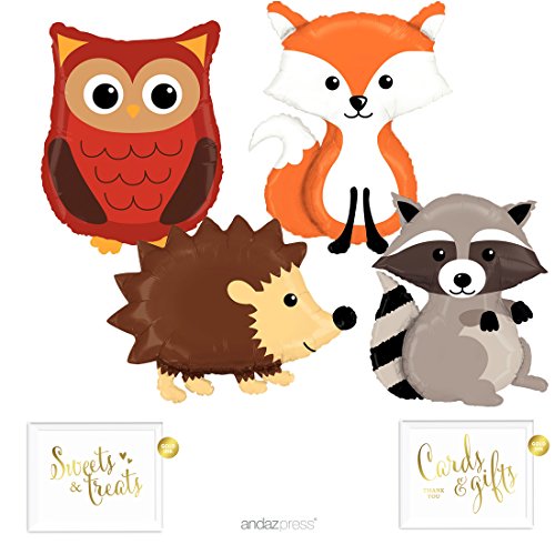 Product Cover Andaz Press Balloon Party Kit with Gold Ink Signs, Woodland Owl, Raccoon, Hedgehog, and Fox Mylar Balloons, 6-Piece Kit