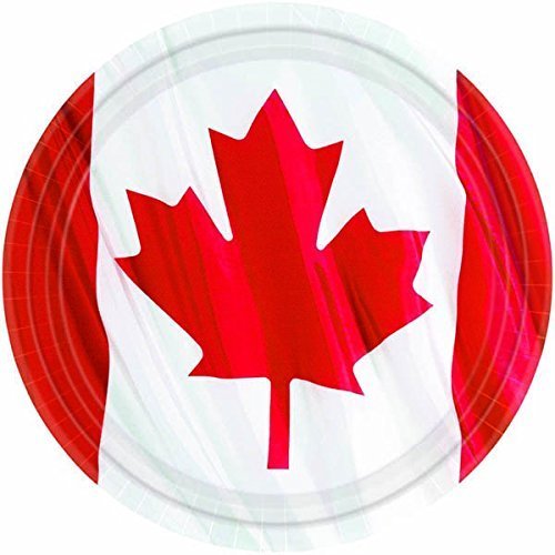Product Cover Amscan Waving Canadian Flag Dinner Plates Patriotic Party Disposable Tableware, Red/White, 10 (Party Pack: 36 Count)
