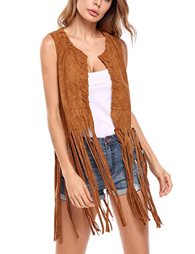 Product Cover Hotouch Women Fringe Vest Faux Suede Tassels 70s Hippie Clothes Open-Front Sleeveless Vest Cardigan Female