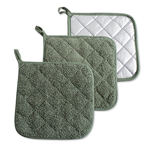 Product Cover DII 100% Cotton, Terry Pot Holder Set Machine Washable, Heat Resistant, 7 x 7, Artichoke Green, 3 Piece