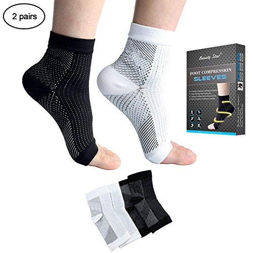 Product Cover Beauty Star Plantar Fasciitis Socks, 2 Pairs Compression Foot Sleeves Ankle Arch Support Socks Pain Relief, Improved Circulation, Recovery, Ideal for Runners(Black & White, Size L/XL)