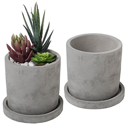 Product Cover Set of 2 Modern 4-Inch Gray Unglazed Cement Succulent Planter Pots with Removable Saucer