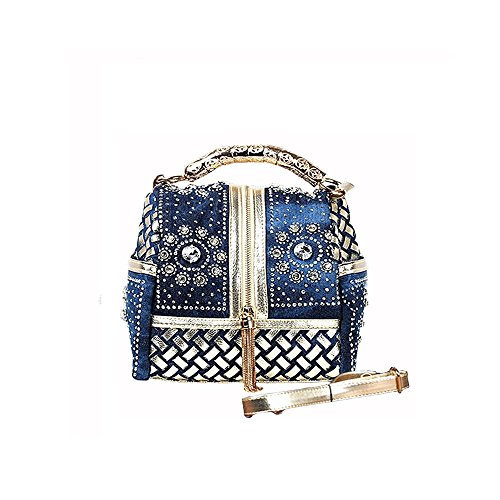 Product Cover Sibalasi-Original Denim Bag Weave Cowboy Handbags Rhinestone Floral Shoulder Bag Jeans Tassel Bag