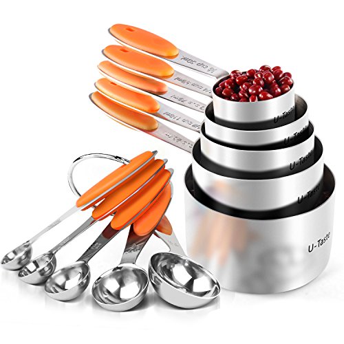 Product Cover Measuring Cups : U-Taste 18/8 Stainless Steel Measuring Cups and Spoons Set of 10 Piece, Upgraded Thickness Handle(Orange)