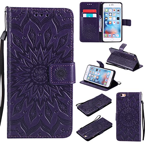 Product Cover A-slim iPhone 6 / 6S Wallet Case, (TM) Sun Pattern Embossed PU Leather Magnetic Flip Cover Card Holders & Hand Strap Wallet Purse Case for iPhone 6 / 6S [4.7 Inch] - Purple