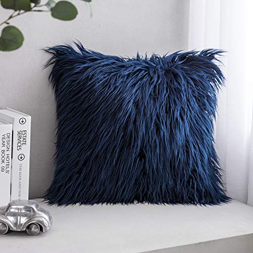 Product Cover Phantoscope Luxury Series Throw Pillow Covers Faux Fur Mongolian Style Plush Cushion Case for Couch Bed and Chair, Navy Blue 18 x 18 inches 45 x 45 cm