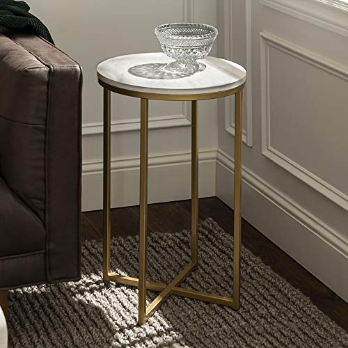 Product Cover WE Furniture AZF16ALSTMGD Modern Round Side End Accent Table Living Room, Marble/Gold
