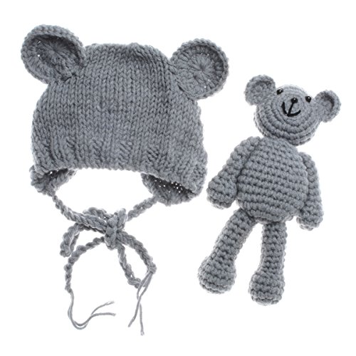 Product Cover ECYC Newborn Baby Bear Hat Beanie with Bear Dolls Photography Accessories Grey
