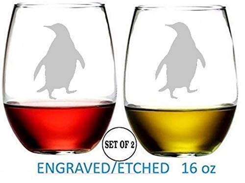 Product Cover Penguin Stemless Wine Glasses Etched Engraved Perfect Fun Handmade Gifts for Everyone Dishwasher Safe Set of 2