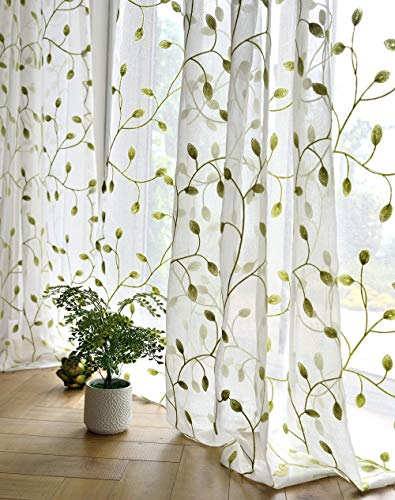 Product Cover TIYANA Ivy Leaf Embroidered Sheer Panel 84 inch Long Window Crushed Gauze Room Curtain Voile Tulle Window Drapery Rod Pocket (1 Panel, Green Leaf White Sheer, W40 x L84 inch)