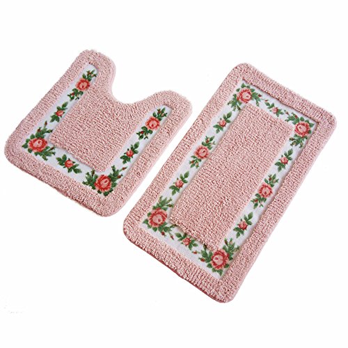 Product Cover Ukeler Non-Skid Floral Rose Bathroom Contour Rugs, Set of 2 Soft Shaggy Non Slip Bath Shower Mat and U-Shaped Toilet Floor Rugs, Pink
