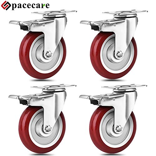Product Cover SPACECARE 5 Inch Swivel Casters Wheels 1500lbs Heavy Duty Casters with Brake Polyurethane Dual Locking Casters Set of 4 Red