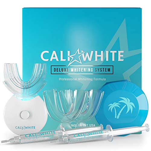 Product Cover Cali White Vegan Teeth WHITENING KIT with LED Light, Made in USA, Natural & Organic Peroxide Gel, Professional Dental Whitener, Best Home HISMILE System: 2 X 5mL Syringes, Custom Trays, Retainer Case