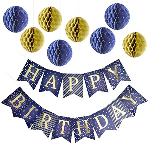 Product Cover Enfy Happy Birthday Banner Party Decorations with 8 Tissue Paper Pom Pom Balls - Premium Quality Blue Bunting Banner With Shiny Gold Letters - Party Supplies - for Kids and Adults