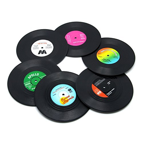 Product Cover DuoMuo Coaster Set of 6 Colorful Vinyl Record Disk Coasters With Funny Labels-Tabletop Protection Prevents Furniture Damage