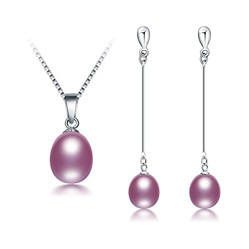 Product Cover DIAMOVI Freshwater Cultured Genuine Pearls Jewelry Set with Necklace & Long Water Drop Earrings 925 Sterling Silver Plated -Stunning Wedding Bridal Jewelry-Luxury Style-(Purple)