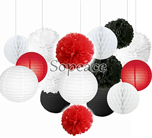 Product Cover Sopeace 16 pcs Mixed Red Black White Party Decor Kit Paper lantern Paper Star Garland Tissue Pom Poms Hanging Flower Ball for Wedding,Birthday,Baby,Bridal Shower,Room decor &Themed Party Decor Favor