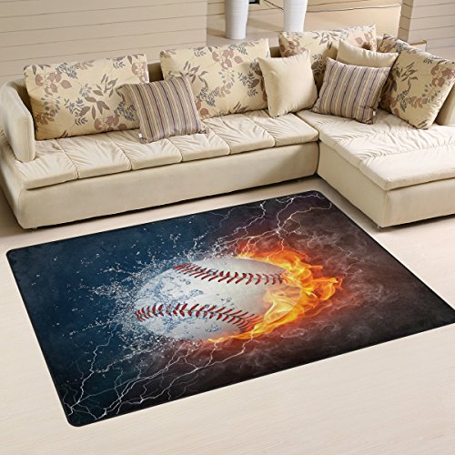 Product Cover WOZO Baseball in Fire and Water Area Rug Rugs Non-Slip Floor Mat Doormats for Living Room Bedroom 60 x 39 inches