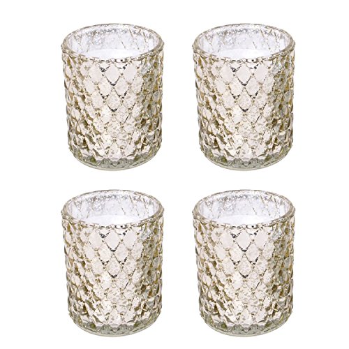 Product Cover Hosley Set of 4 Glass 4 Inch High Speckled Metallic Candleholders - Your Choice of Colors. Ideal for LED Votive Tealight Weddings Party Favors Spa Home Bridal Reiki Meditation O5 (Gold)