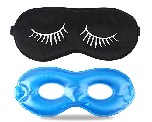 Product Cover Fitglam Pure Silk Sleep Mask + Reusable Cold/Hot Therapy SPA Gel Eye Mask Set - Improve Sleeping, Alleviate Puffy, Swollen Eyes, Fatigue, Headache and Tension (Black with White Eyelashes & Gel)