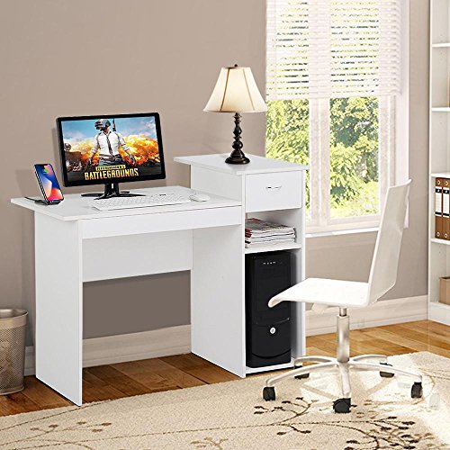 Product Cover Topeakmart Small White Computer Desk with Drawers and Printer Shelves, Wood Study Writing Table Compact PC Laptop Workstation for Small Space Home Office
