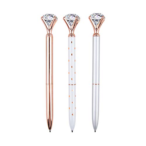 Product Cover 3 Pcs Rose Gold Pen with Big Diamond/Crystal ，Metal Ballpoint Pen，Rose Gold/Silver Office Supplies，Black Ink (3pcs) (RR-12-19-9)