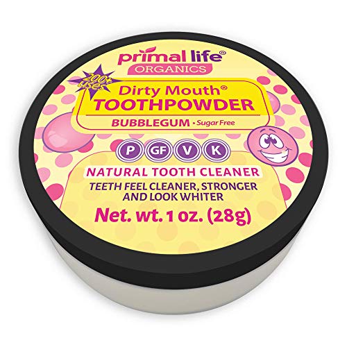 Product Cover Primal Life Organics | Dirty Mouth Organic Tooth Powder | Gently Polishes, Whitens, Re-Mineralizes, Strengthens Teeth | 1 Ounce (3 Month Supply) | Sweet Bubblegum