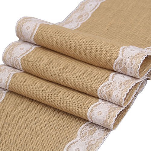 Product Cover Haperlare 12 x 108 inch Natural Vintage Burlap Table Runner with White Lace Jute Tablecloth Hessian Table Runner Burlap Tablecloth for Country Outdoor Wedding Party Christmas Home Decorations