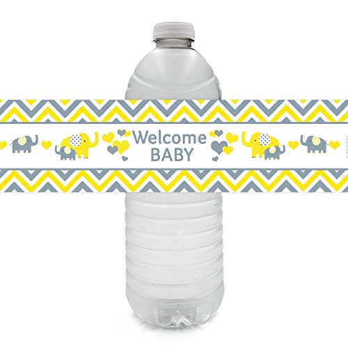 Product Cover Yellow and Gray Elephant Baby Shower Water Bottle Labels - 24 Stickers