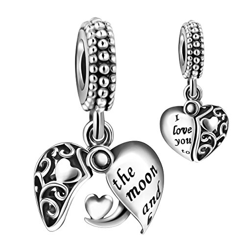 Product Cover ANGEMIEL 925 Sterling Silver I Love You to The Moon & Back Heart Dangle Openwork Charms Bead for European Snake Chain Bracelets