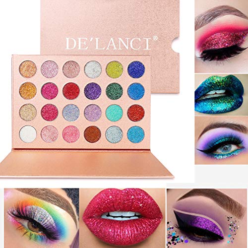 Product Cover DE'LANCI Pressed Glitter Eyeshadow Palette - Professional Highly Pigmented and Long-Lasting Mineral Shimmer Makeup Pallet Eye Shadows Flash Color Waterproof Cosmetic Set（Cruelty Free,24 Color）