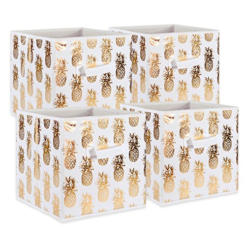 Product Cover DII Foldable Fabric Storage Containers (11x11x11) Pineapple Set of 4, Small (4), White/Gold