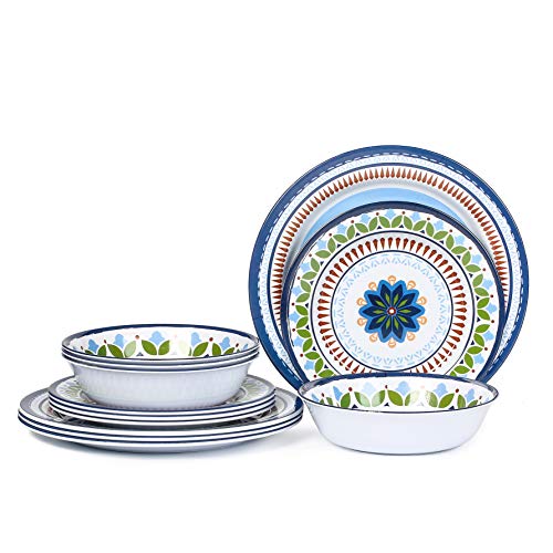 Product Cover 12 Pcs Melamine Dinnerware Set - Rustic Plates and bowls Set for Camping, Service for 4, Dishwasher Safe