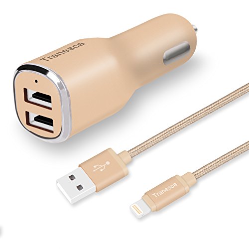 Product Cover Tranesca Compatible 4.8 Amp Dual USB Port Travel Car Charger with Charging Cable Compatible with iPhone Xs/XR/X/iPhone 8/Plus, iPhone7/ 7 Plus, iPhone 6/6 Plus/6s iPhone 5/5s/5c/ (Gold)