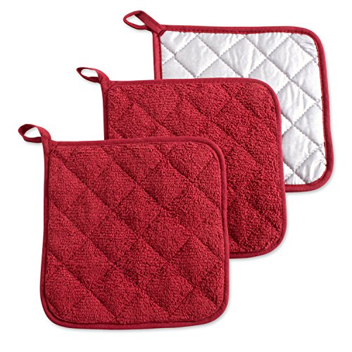 Product Cover DII 100% Cotton, Terry Pot Holder Set Machine Washable, Heat Resistant, 7 x 7, Barn Red, 3 Piece