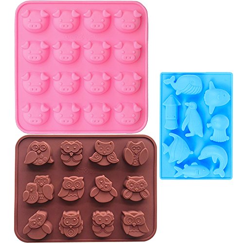 Product Cover Food Grade Silicone Mold, IHUIXINHE Non-stick Ice Cube Mold, Jelly, Biscuits, Chocolate, Candy, Cupcake Baking Mould, Muffin pan (Piggy &Fish & Owl 3PCS)