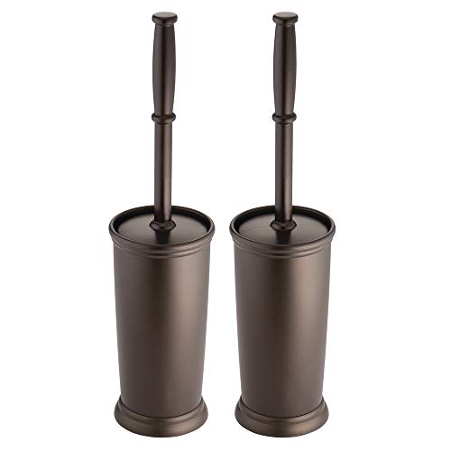 Product Cover mDesign Compact Freestanding Plastic Toilet Bowl Brush and Holder for Bathroom Storage and Organization - Space Saving, Sturdy, Deep Cleaning, Covered Brush, 2 Pack - Bronze