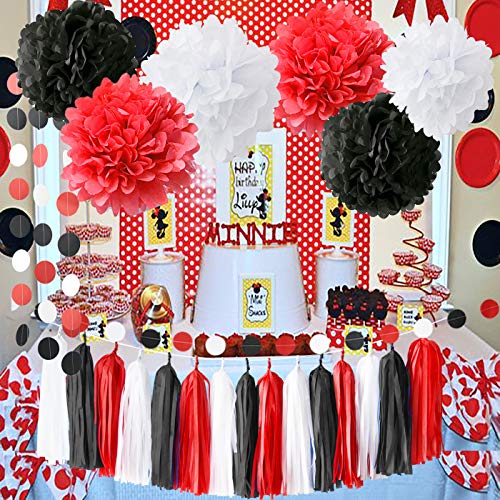 Product Cover Minnie Mouse Party Supplies 18th Birthday Party Decorations/White Black Red Baby Ladybug Birthday Party Decorations/ First Birthday Girl Decorations Tissue Paper Pom Pom Tassel Garland Minnie Mouse Birthday Party Decorations