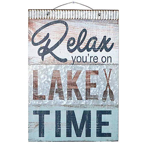 Product Cover Barnyard Designs Relax You're On Lake Time Nautical Wooden Plaque with Corrugated Sheet Metal, 20