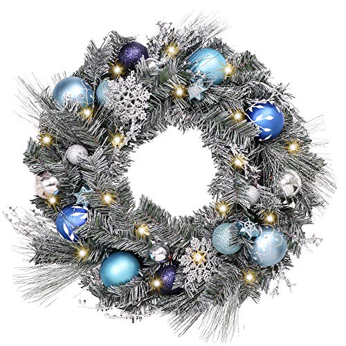 Product Cover Valery Madelyn Pre-Lit 24 Inch Winter Wishes Blue Silver Christmas Wreath for Front Door with Artificial Greenery Frosted Spruce, Christmas Ball Ornaments and Snowflake, Battery Operated 20 LED Lights
