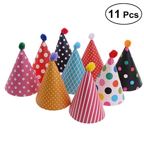 Product Cover NUOLUX 11pcs Party Hats Lovely Cake Cone Birthday Paper Hats with Pom Poms
