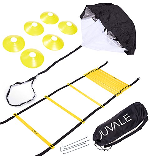 Product Cover Juvale Speed and Agility Training Set - Includes Agility Ladder with Carrying Bag, 6 Disc Cones, Resistance Parachute, 4 Steel Stakes - for Speed, Coordination, Footwork, Explosiveness, Black, Yellow