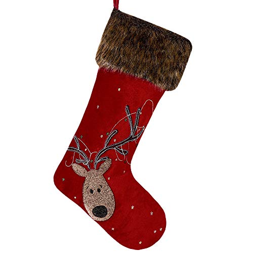 Product Cover Valery Madelyn 21 inch Luxury Red Gold Christmas Stockings with Reindeer and Fur Cuff, Themed with Tree Skirt (Not Included)
