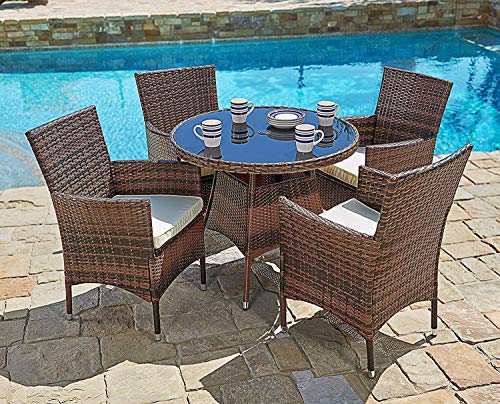 Product Cover SUNCROWN Outdoor Furniture Patio 5-Piece Round Dining Table and Chairs Set, All-Weather Wicker with Washable Cushions and Tempered Glass Tabletop