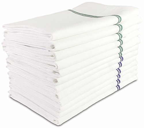 Product Cover VibraWipe Kitchen Dish Towels, 12 Pieces, 29in x 18in, White with Blue Stripe (6 Pcs), with Green Stripes (6 Pcs), 100% Natural Cotton, Herringbone Weave, High Absorbent Dish Cloths