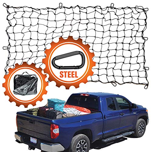 Product Cover 4'x6' Super Duty Truck Cargo Net for Pickup Truck Bed Stretches to 8'x12' | 12 Tangle-free [STEEL] Carabiners | Small 4