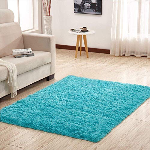 Product Cover YJ.GWL Soft Shaggy Area Rugs for Bedroom Kids Room Children Playroom Non-Slip Baby Nursery Carpets Home Decor 4 x 5.3 Feet (Turquoise Blue)