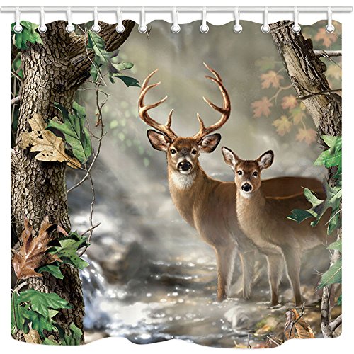 Product Cover KOTOM TANSTAN Deer Decor,Waterproof Fabric Elk Foggy Forest Shower Curtain, Hooks Included, 71X71 inch