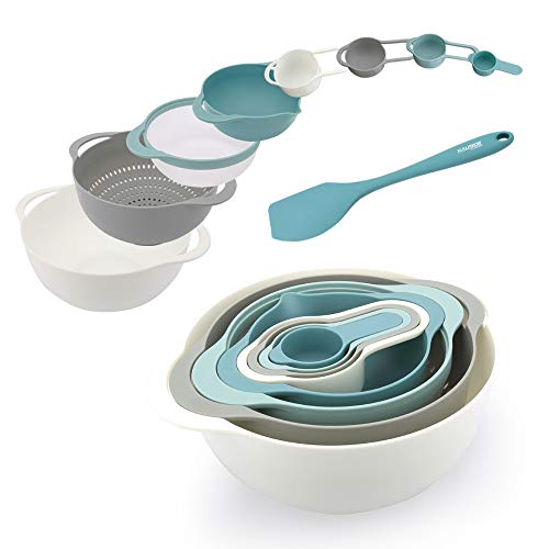 Product Cover KALREDE Plastic Mixing Bowls - Mixing Bowl Set of 9 - BPA Free Nesting & Stackable Bowls Set Including Measuring Cups, Colander, Sifter, Large Bowls - Bonus a Silicone Spatula